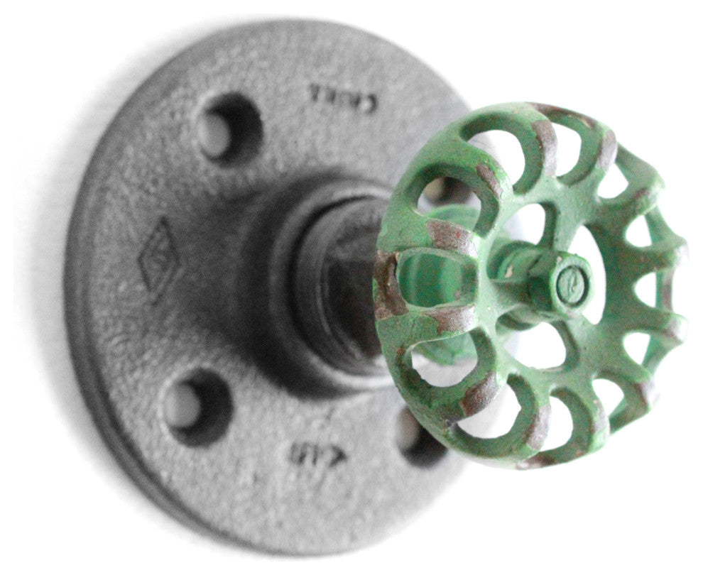 Industrial Towel Hook - Industrial Farmhouse Knob, Black Pipe, Green Hose Knob