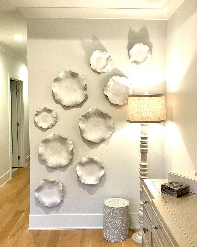 Gloss White Lily Pad Wall Art Flower Sculpture Round Leaf Hanging, 3-Piece Set