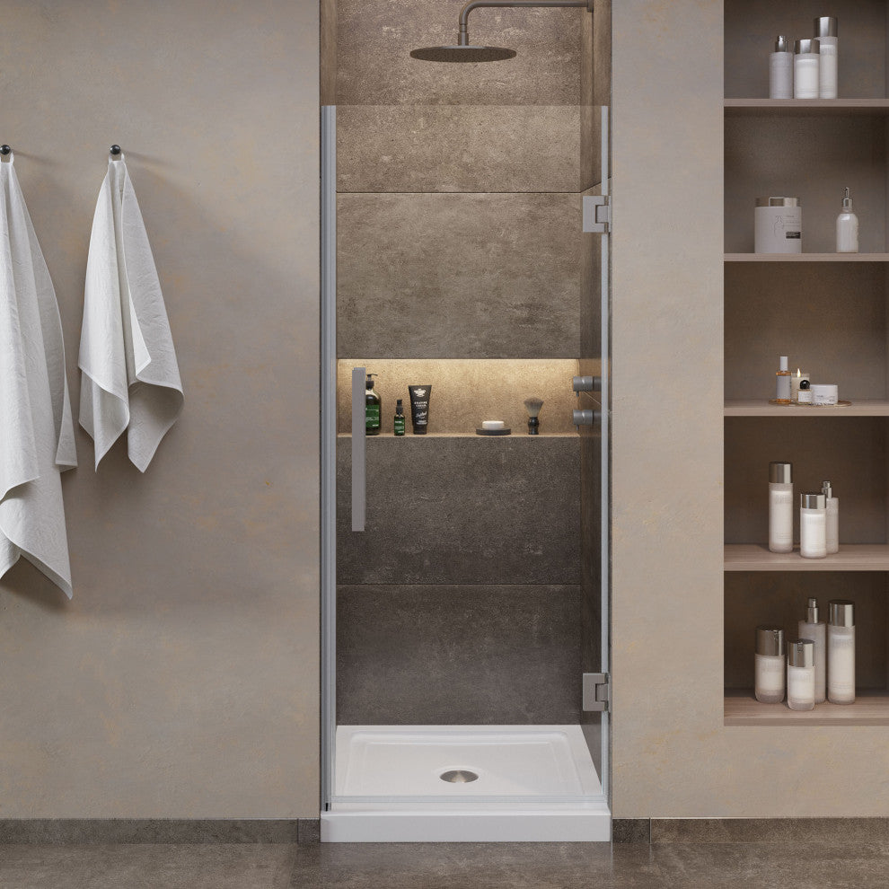 Panama Alcove Frameless Pivot Hinge Shower Door Kit With Base Pan, 2025, Satin Nickel, 32x32"