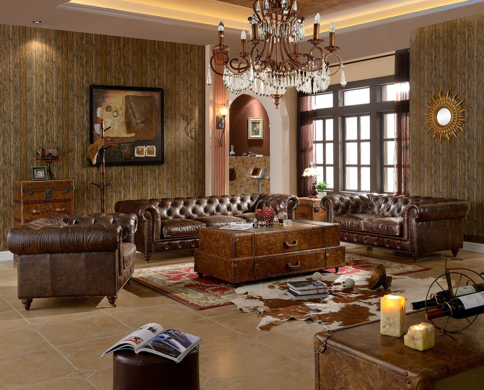 Crafters and Weavers Top Grain Leather Chesterfield Sofa, Dark Brown
