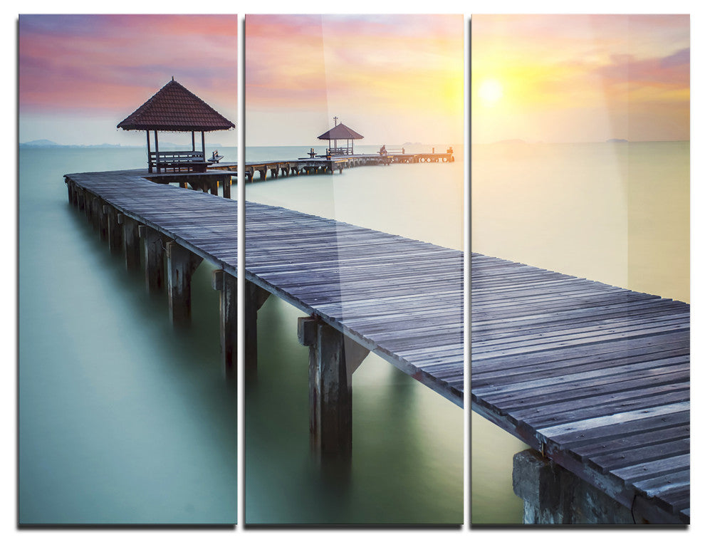 "Wooden Sea Bridge and Sunset" Photo Metal Wall Art, 3 Panels, 36"x28"