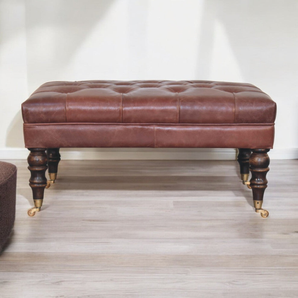 Ottoman Upholstered Buffalo Brown Leather With Castor Legs Artisan Furniture