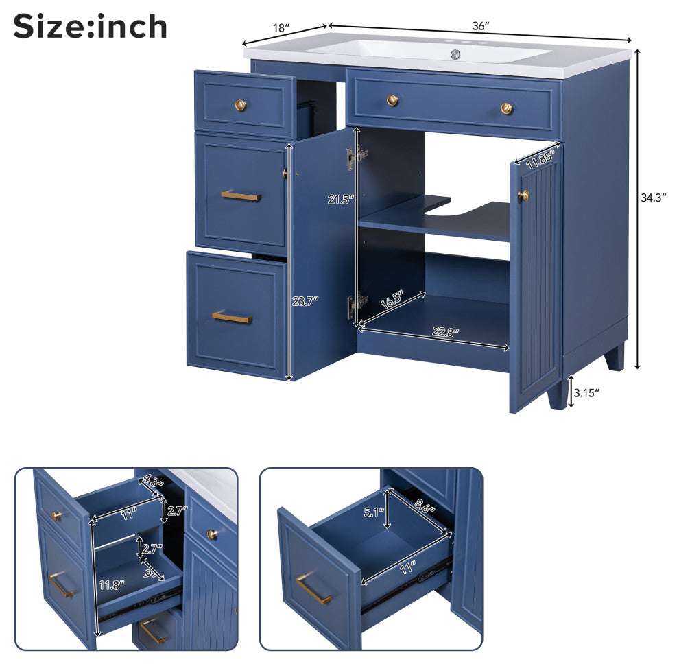 36 Inch Bathroom Vanity, Transitional Style Bathroom Cabinet with Resin Sink, Navy Blue