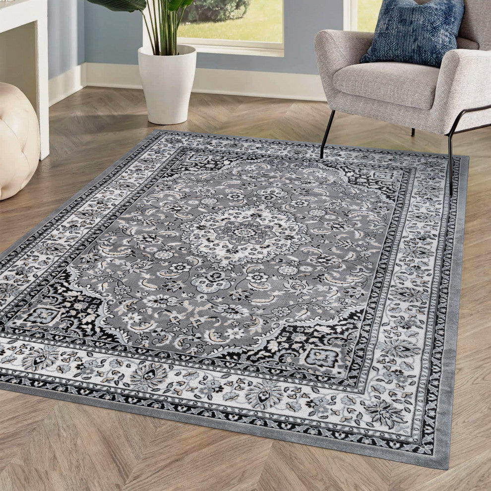 Palmette Modern Persian Floral Area Rug, Gray and Ivory, 3x5