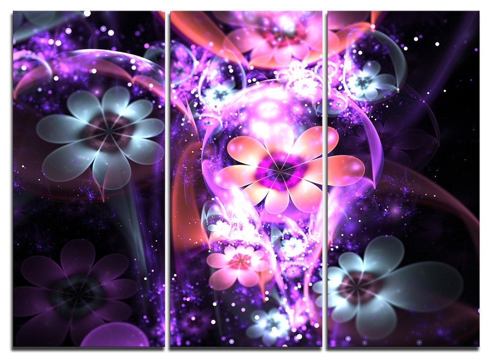 "Fractal Flower Dark Purple Digital" Metal Wall Art, 3 Panels, 36"x28"