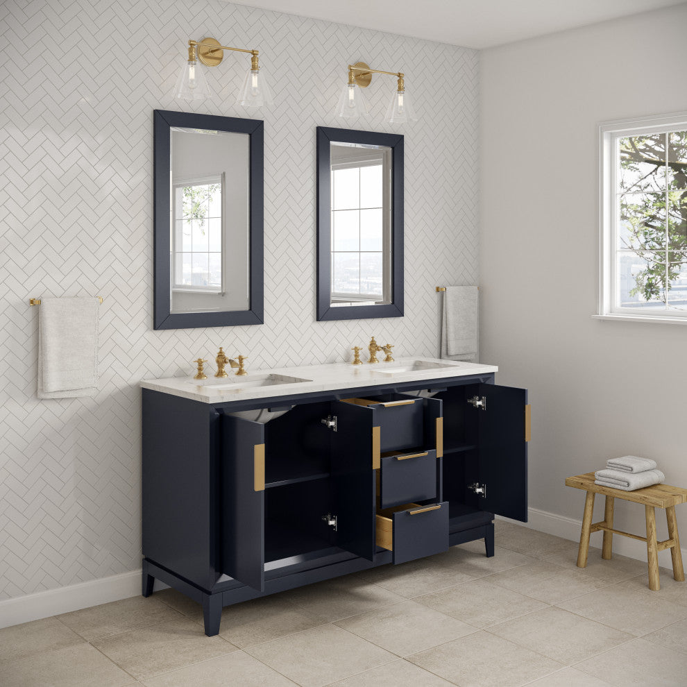 Elizabeth 60" Double Sink Carrara White Marble Vanity, Monarch Blue
