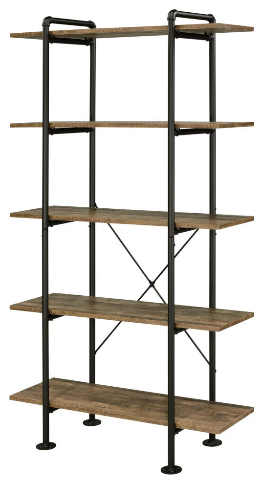Industrial Bookcase, Black Pipe Metal Frame & Rustic Oak Finished Open Shelves