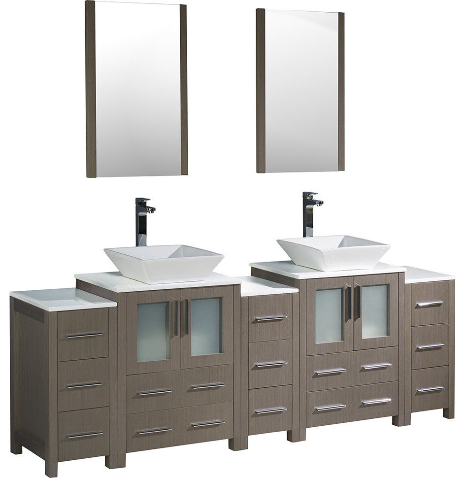 Torino 84" Gray Oak Modern Double Sink Bathroom Vanity, Faucet FFT3072BN