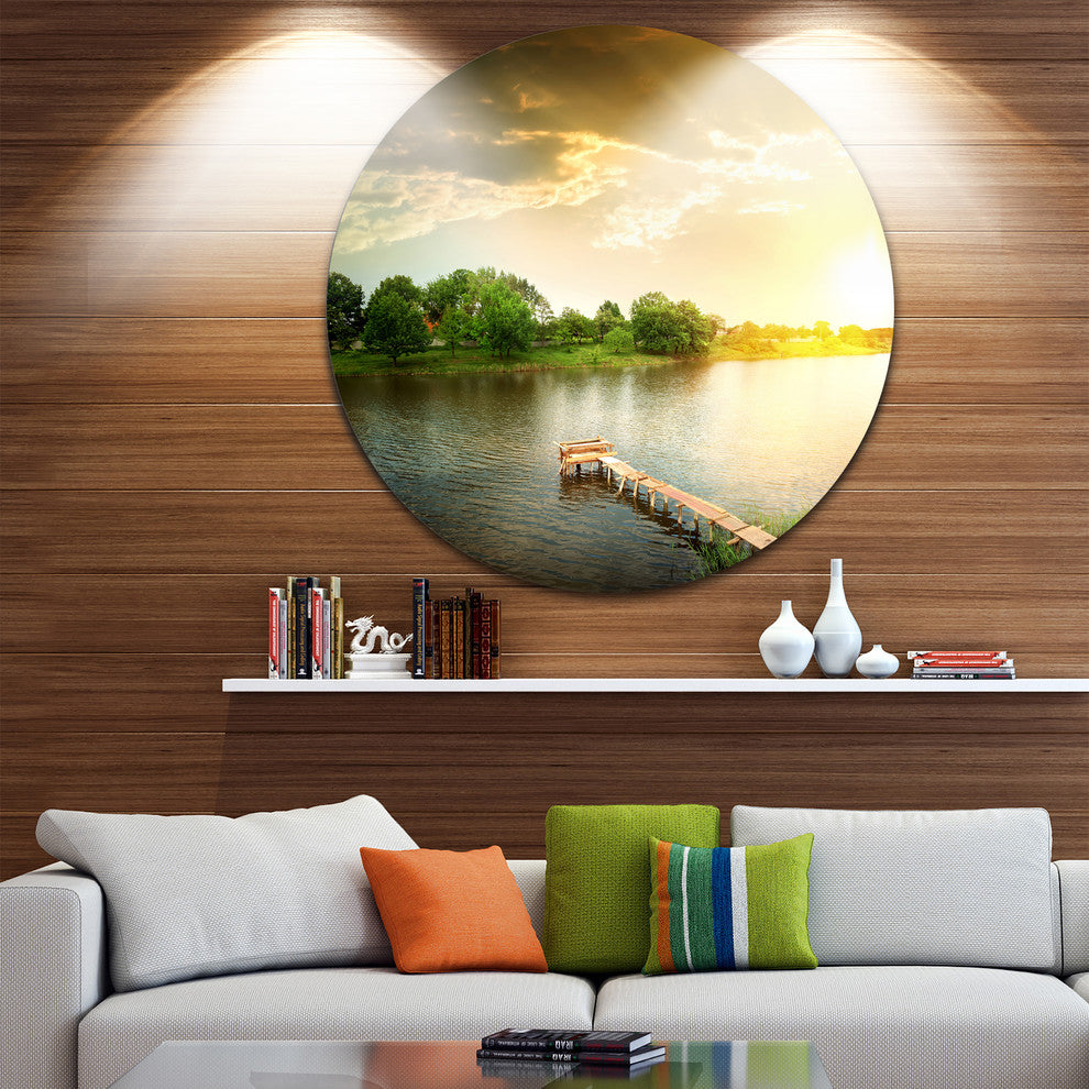 Lake Under Evening Sun, Landscape Photo Round Metal Wall Art, 11"