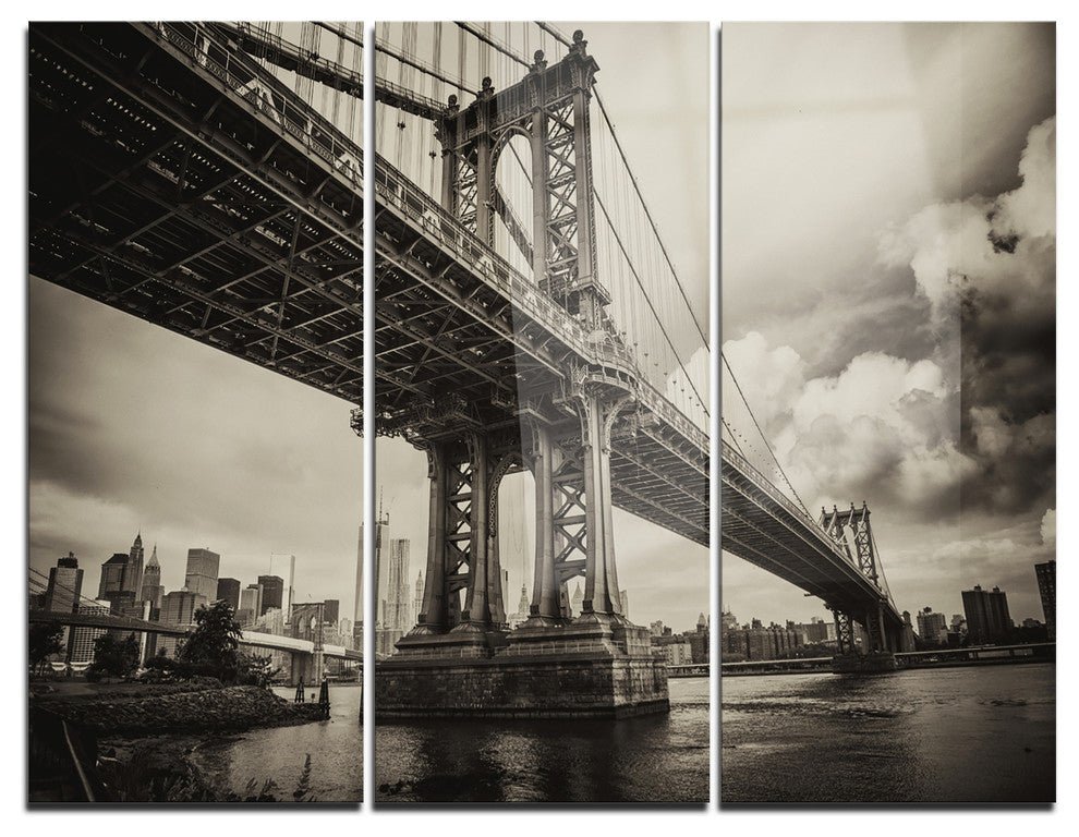 "Manhattan Bridge in Dark Gray" Photo Metal Wall Art, 3 Panels, 36"x28"