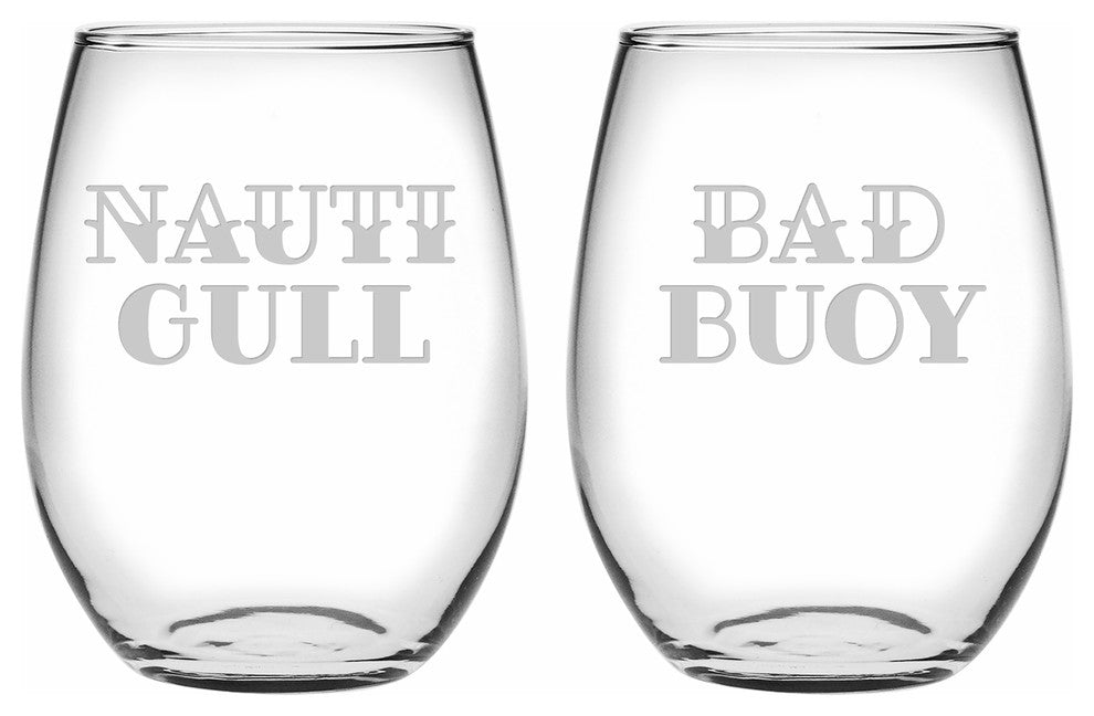 "Nauti Gull" and "Bad Buoy" 2-Piece Stemless Wine Glass Set