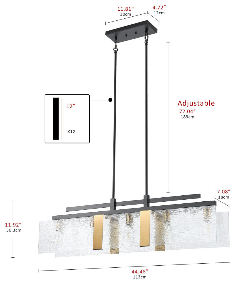 Farmhouse Matte Black 5-Light Rectangle Glass Chandelier for Kitchen Island