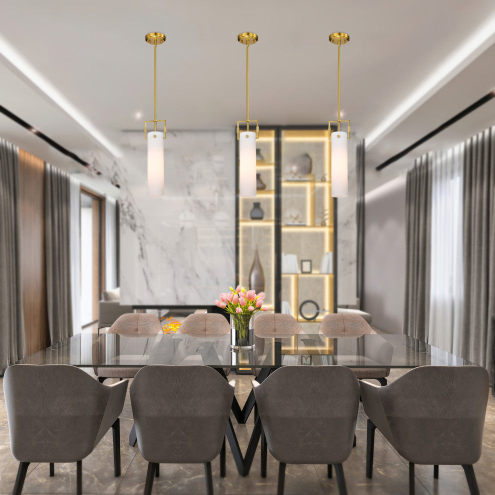 1-Light Gold Mini Pendant With White Cylindrical Glass Shade