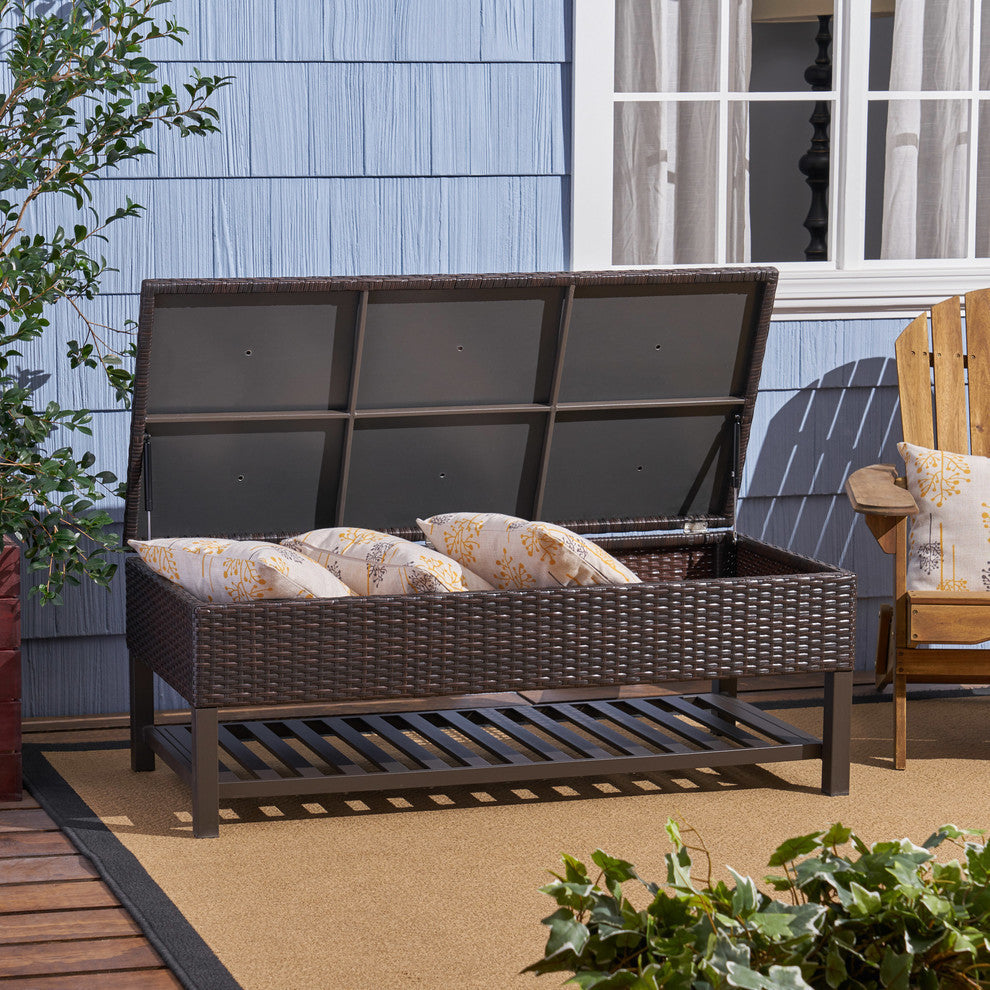 GDF Studio Martina Wicker and Iron Storage Bench With Rack, Multi Brown