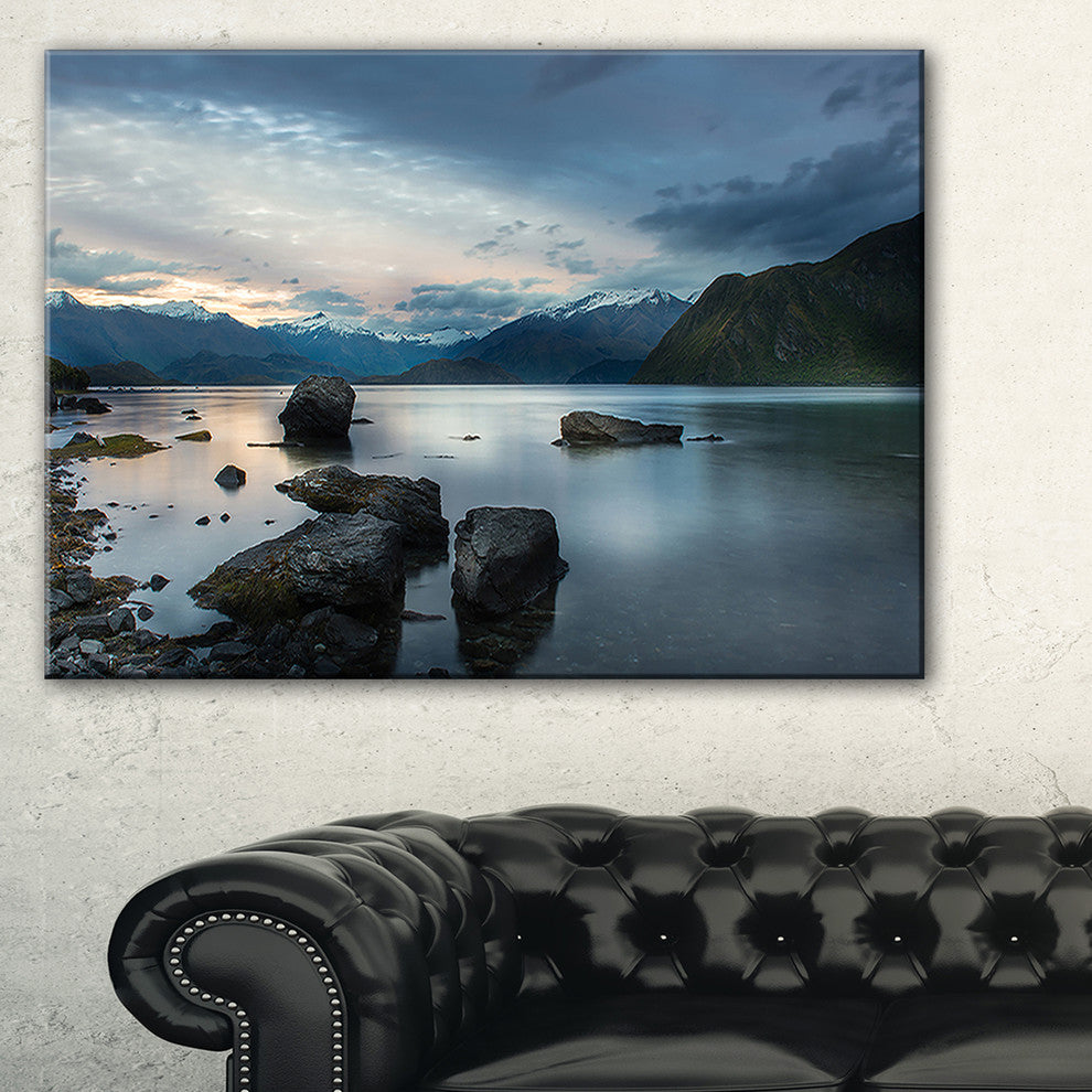 "Large Rocks and Distant Cloudy Mountains" Landscape Art Print Canvas, 32"x16"