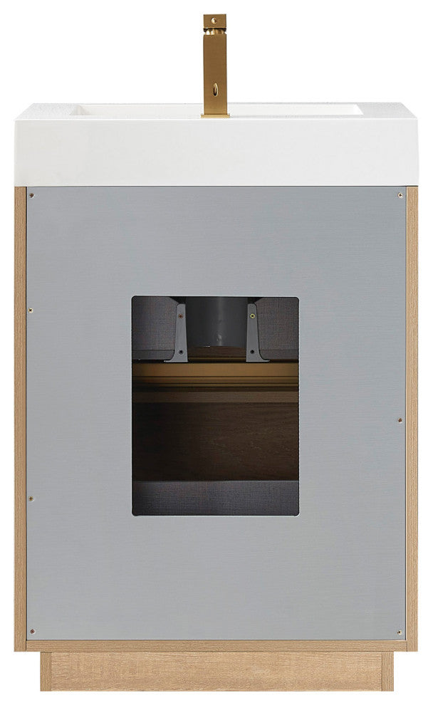 Huesca Bath Vanity, Integrated Sink Top, North American Oak, 24", Without Mirror