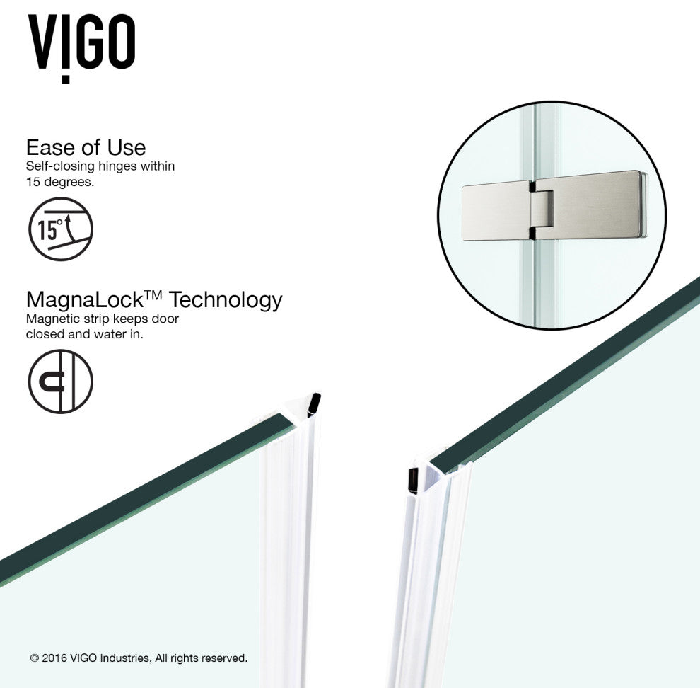 VIGO Monteray 34"D x 34"W x 73"H Frameless Hinged Shower Enclosure, Brushed Nickel, Without Base