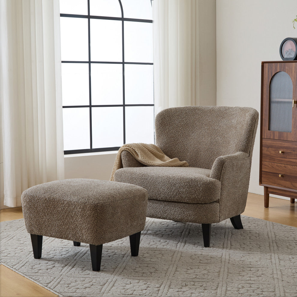 Gerald Boucle Upholstered Club Chair and Ottoman Set, Brown