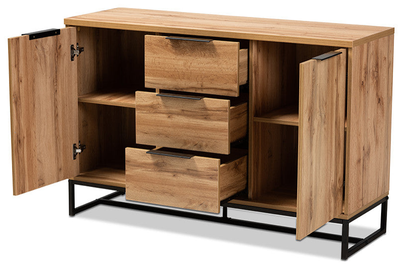 Reid Modern Industrial Oak Wood and Black Metal 3-Drawer Sideboard Buffet
