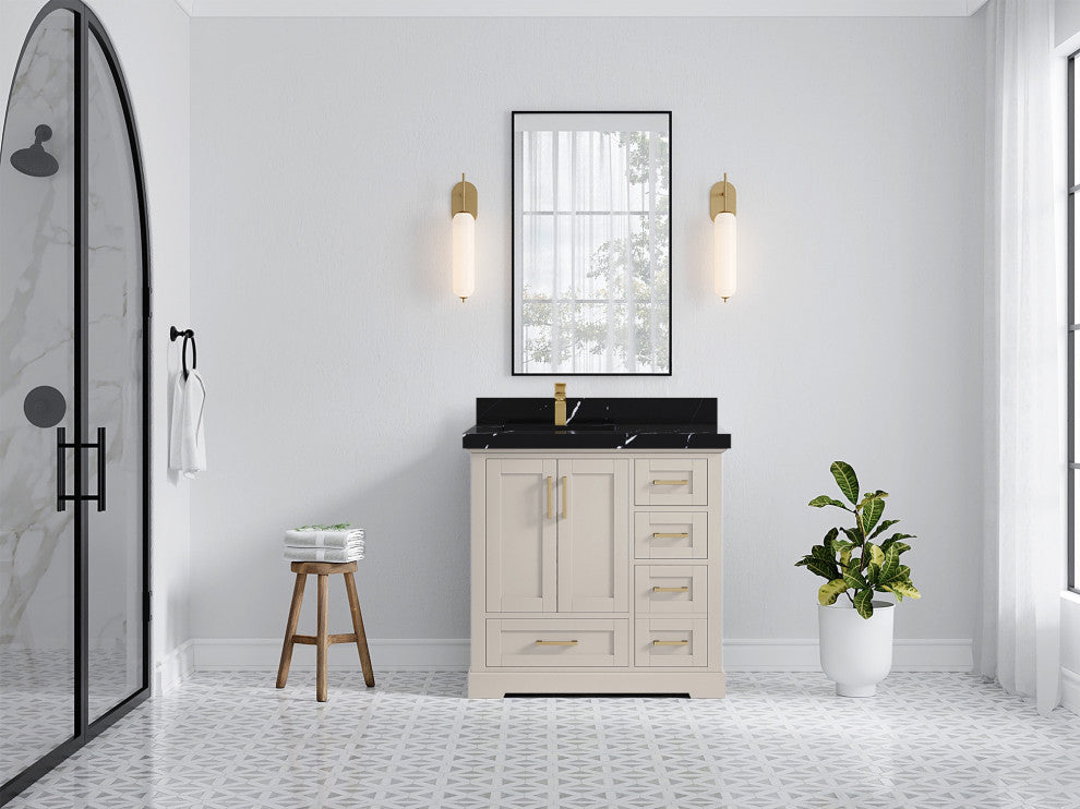 Boston 36" Left Offset Bath Vanity in Fine Grain 2" Calacatta Black