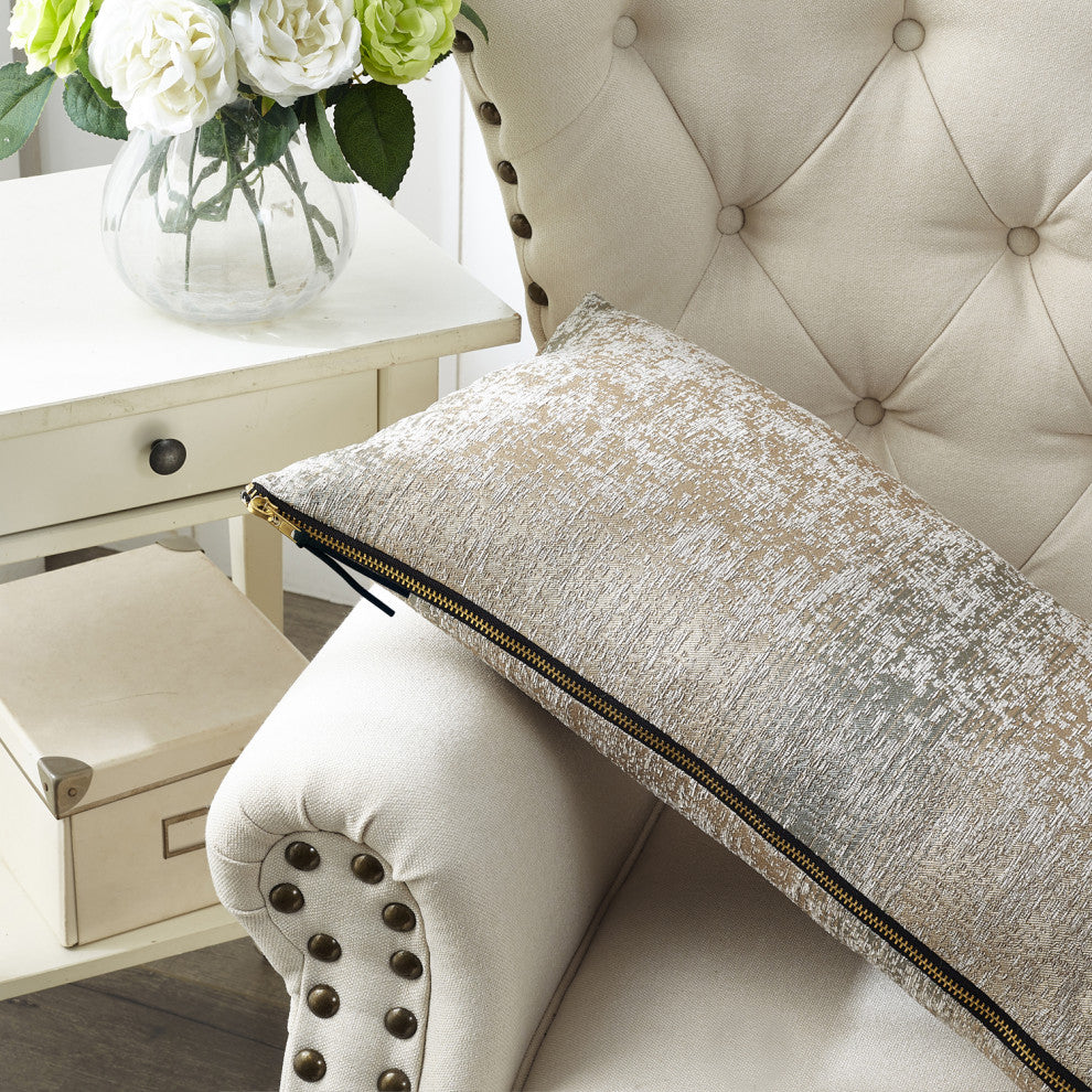 Jacquard Chenille Big Zipper Lumbar Toss Pillow Set, Taupe / Khaki, 2 Piece Lumb