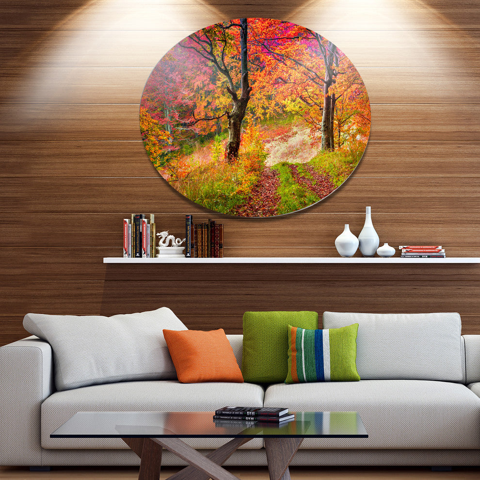Bright Colorful Fall Trees In Forest, Landscape Disc Metal Artwork, 23"