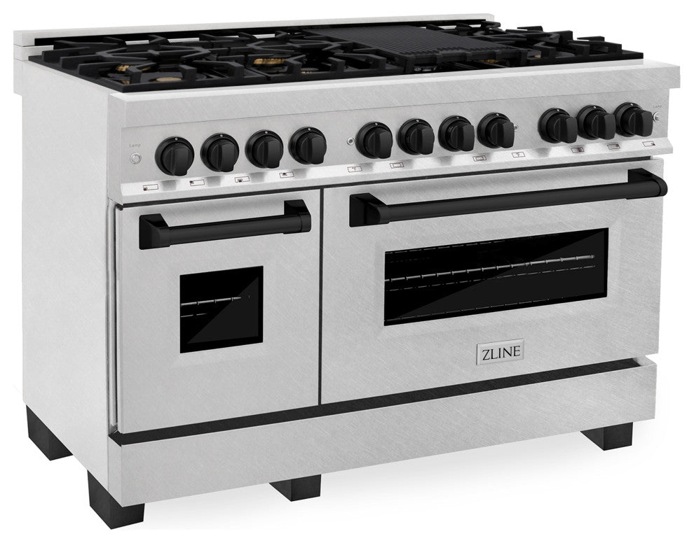 ZLINE 48" Dual Fuel Range, DuraSnow With Matte Black Accents RASZ-SN-48-MB