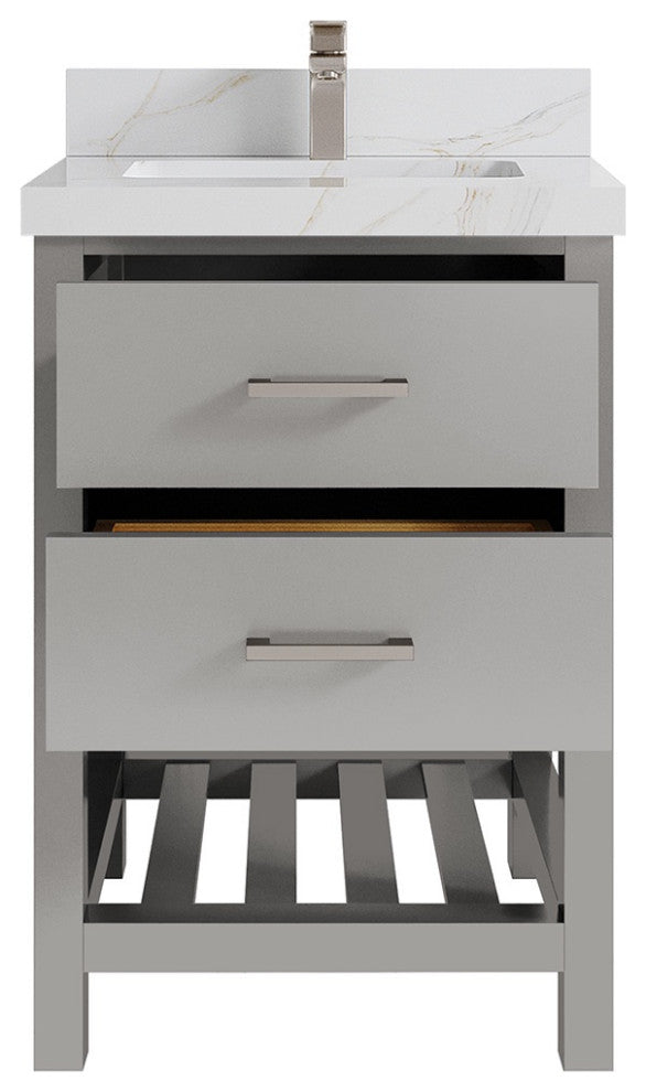 Parker 24" Single Sink Bath Vanity, Elephant Skin Gray 2" Calacatta Sienna