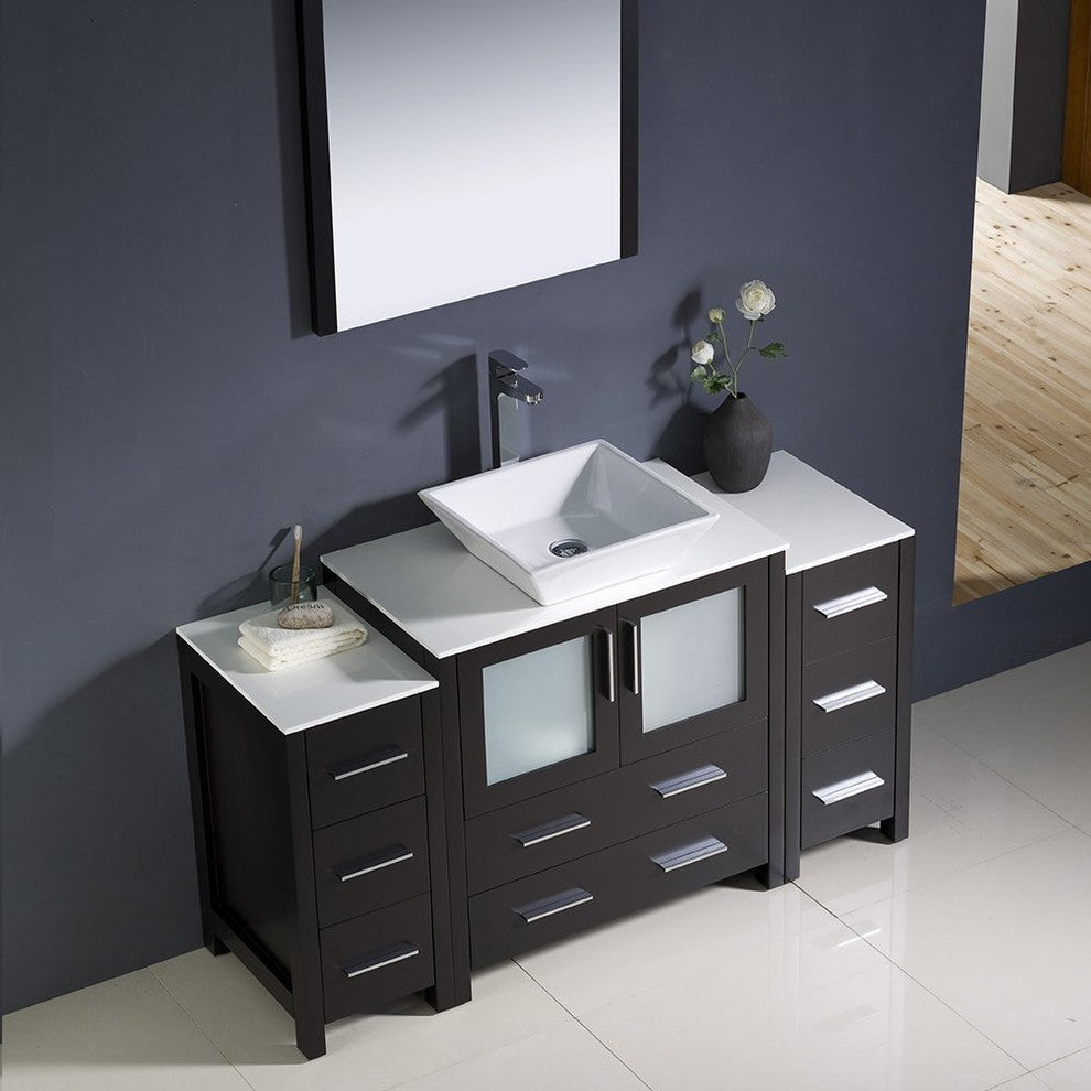 Torino 54" Espresso Modern Bathroom Vanity With 2 Side Cabinets, FFT9152BN