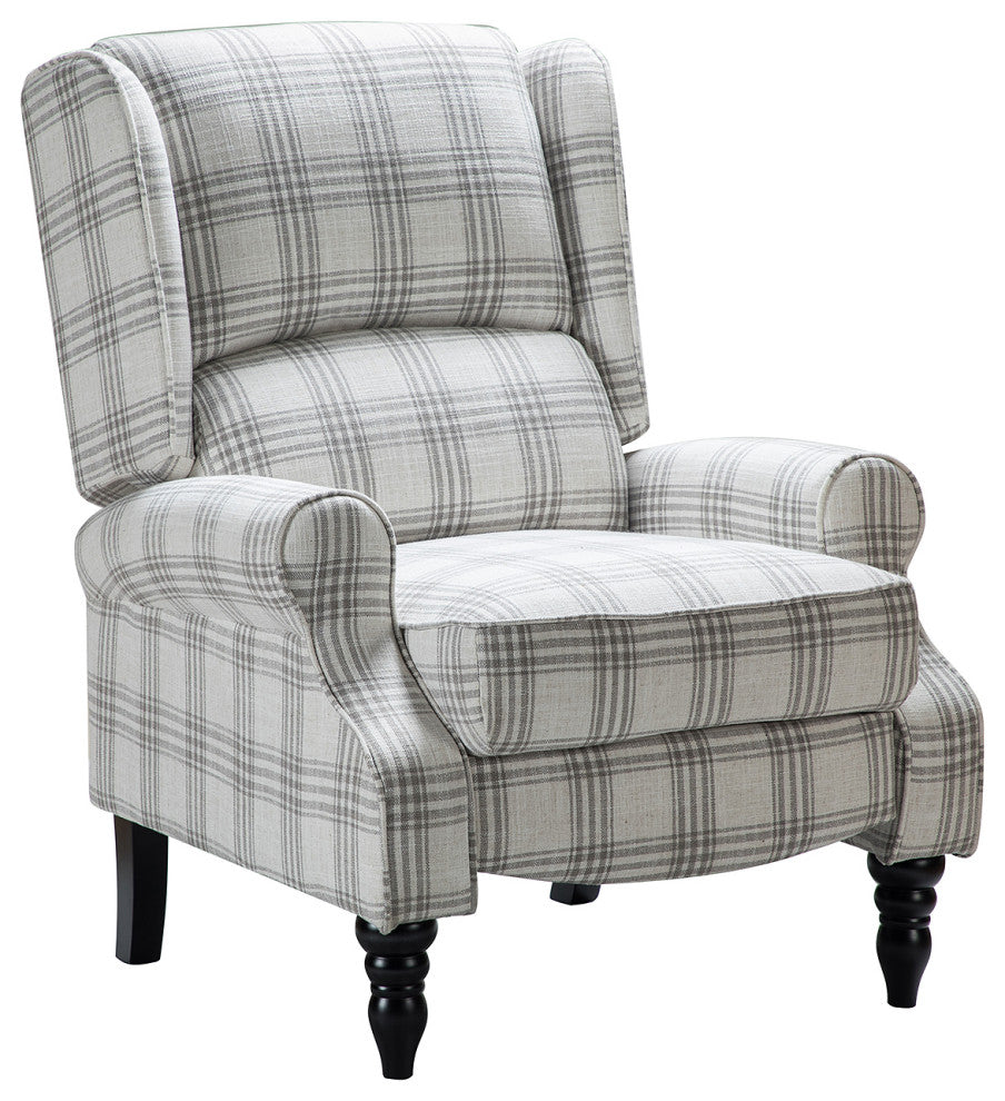 Modern Push-Back Plaid Recliner with Rolled Armrest, Plaid Gray