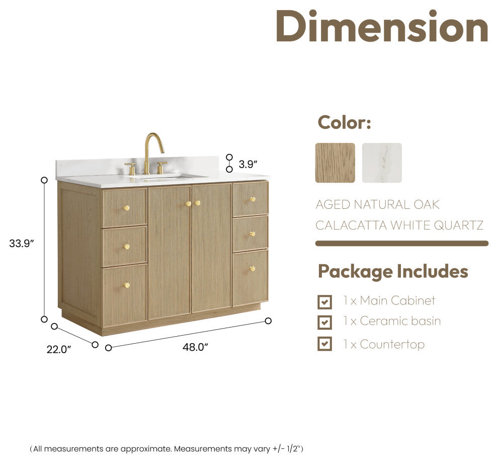 Oza Bath Vanity with Quartz Stone Top, Aged Natural Oak, 48", Single Vanity, No Mirror