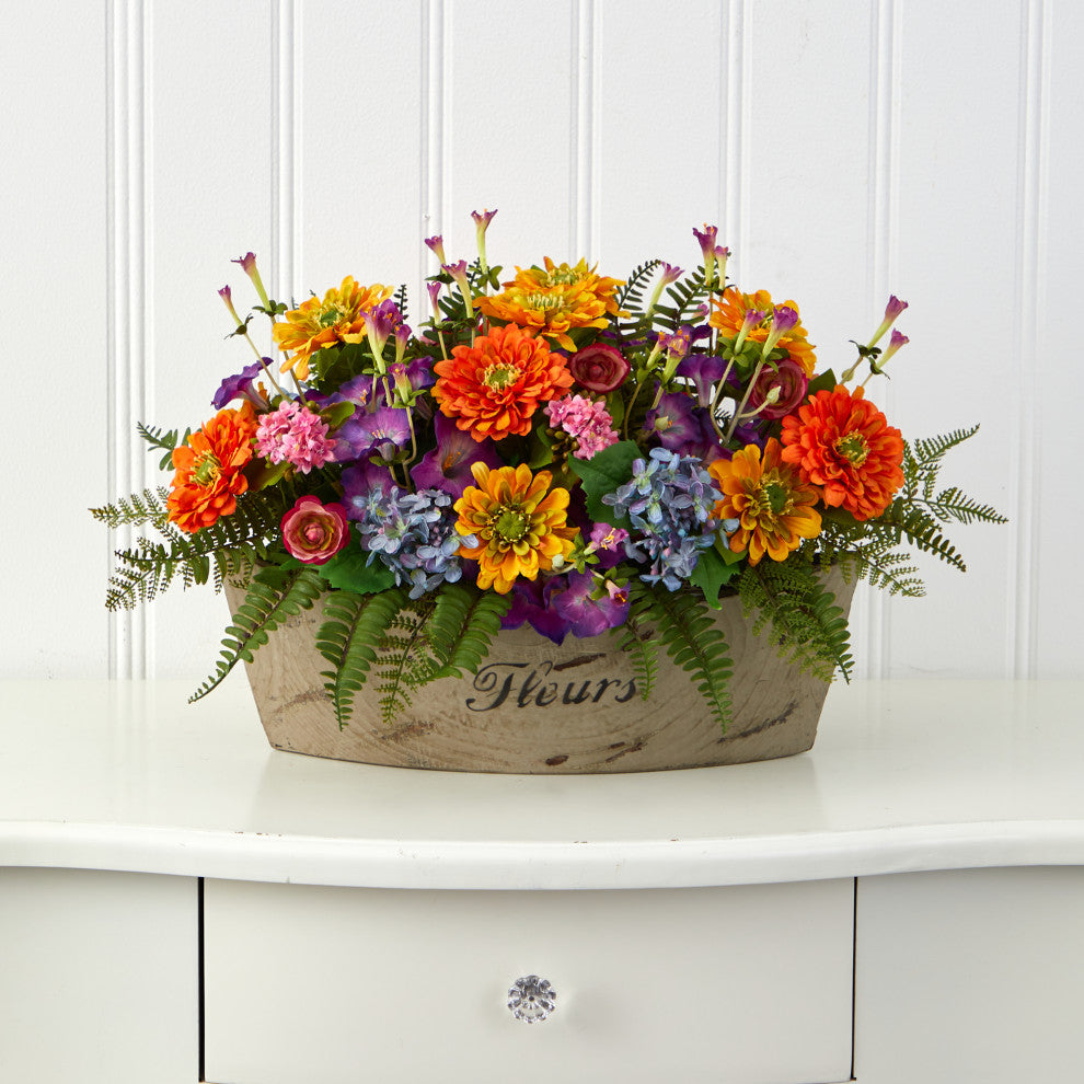18" Mixed Flowers Artificial Arrangement, Decorative Vase
