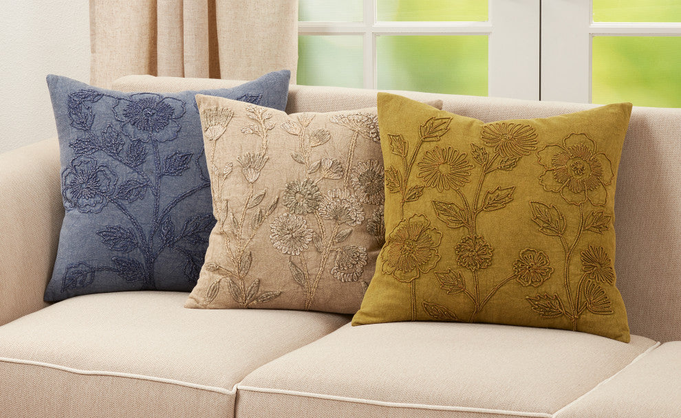 Poly Filled Throw Pillow With Stone Washed Floral Design, 20"x20", Denim