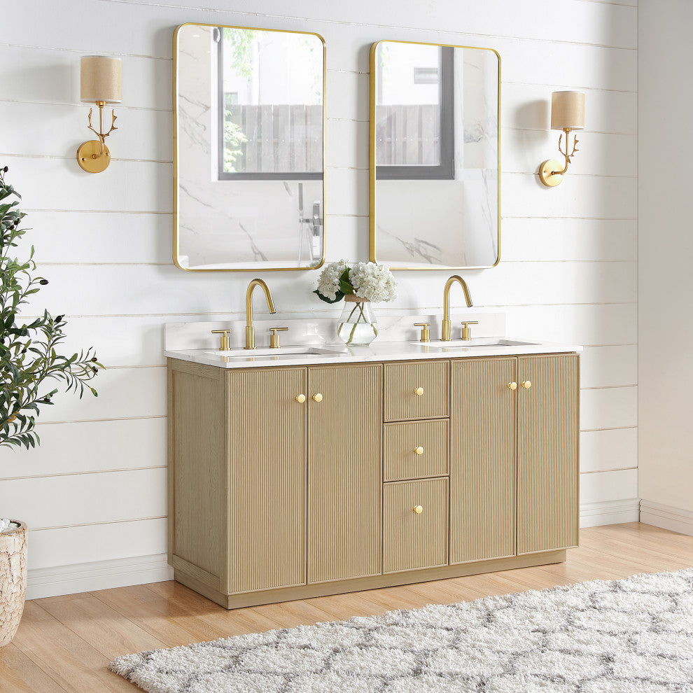 Oza Bath Vanity with Quartz Stone Top, Aged Natural Oak, 60", Double Vanity, No Mirror