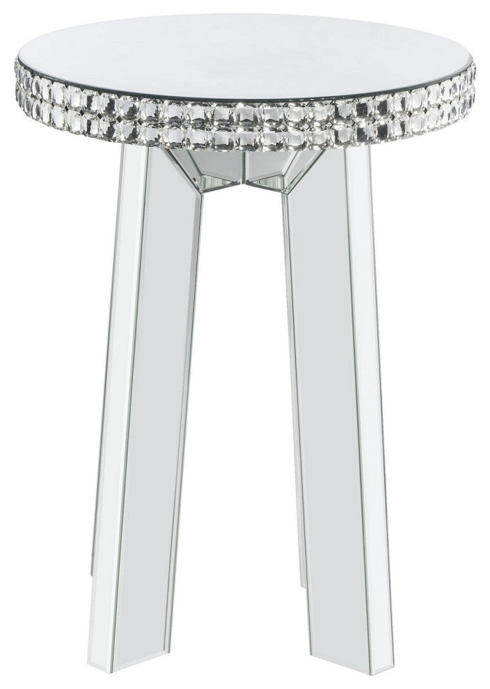 Benzara BM225900 Round Mirror Panel Inlay End Table, Faux Crystals Accent Silver