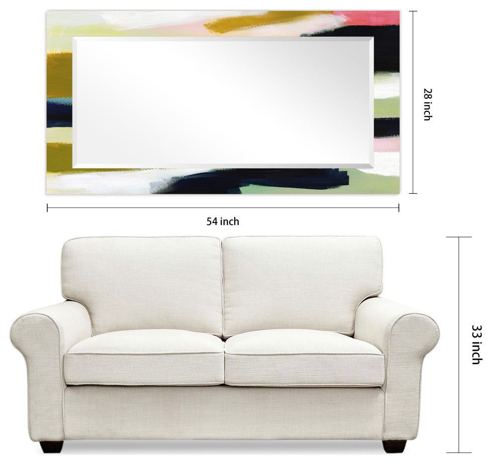 "Sunder" Beveled Mirror on Printed Abstarct Tempered Art Glass, 54x28"