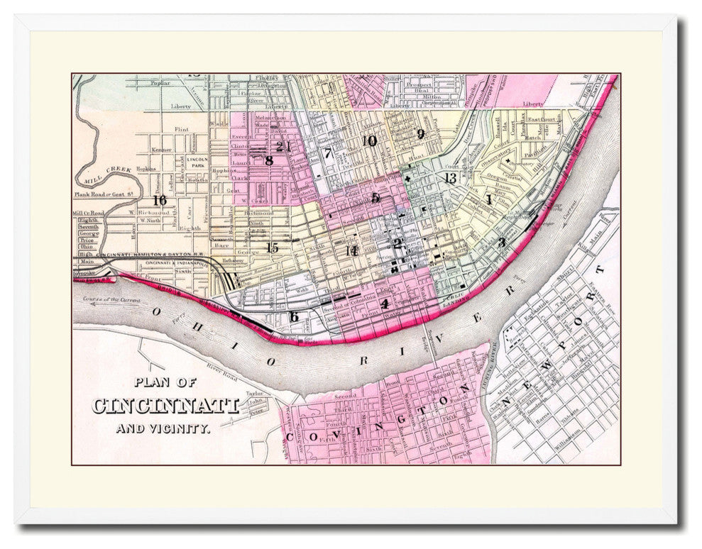 Cincinnati Vintage Old Map Print On Canvas With Picture Frame 28" X 37"
