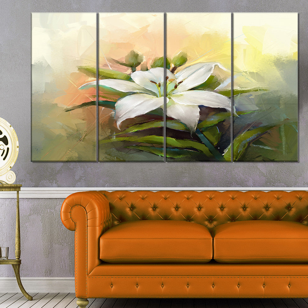 White Lily Flower Oil Painting, Large Floral Canvas Art Print, 48"x28", 4 Panels
