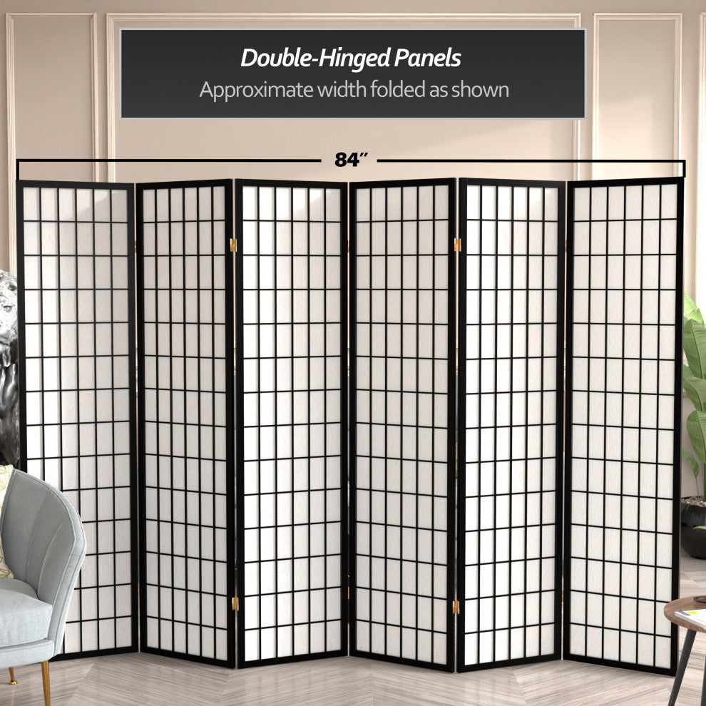 6' Tall Window Pane Shoji Screen, Black, 6 Panels