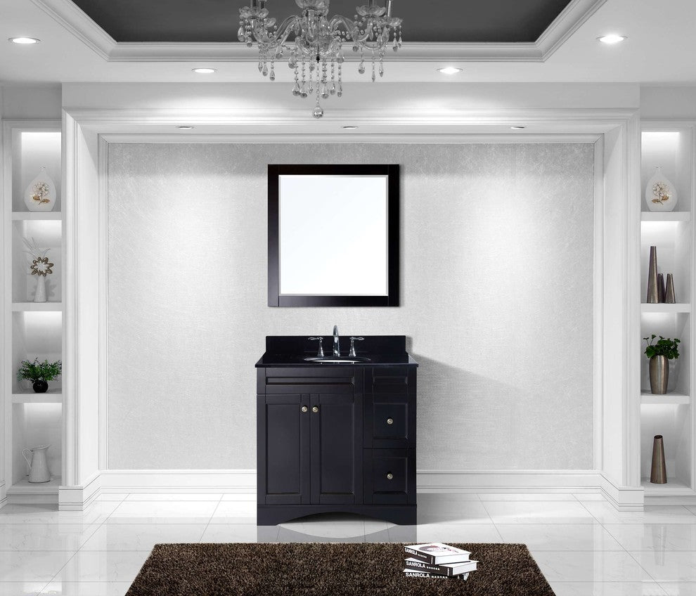 Virtu Elise 36" Single Bathroom Vanity, Espresso, Black Granite Top, Mirror