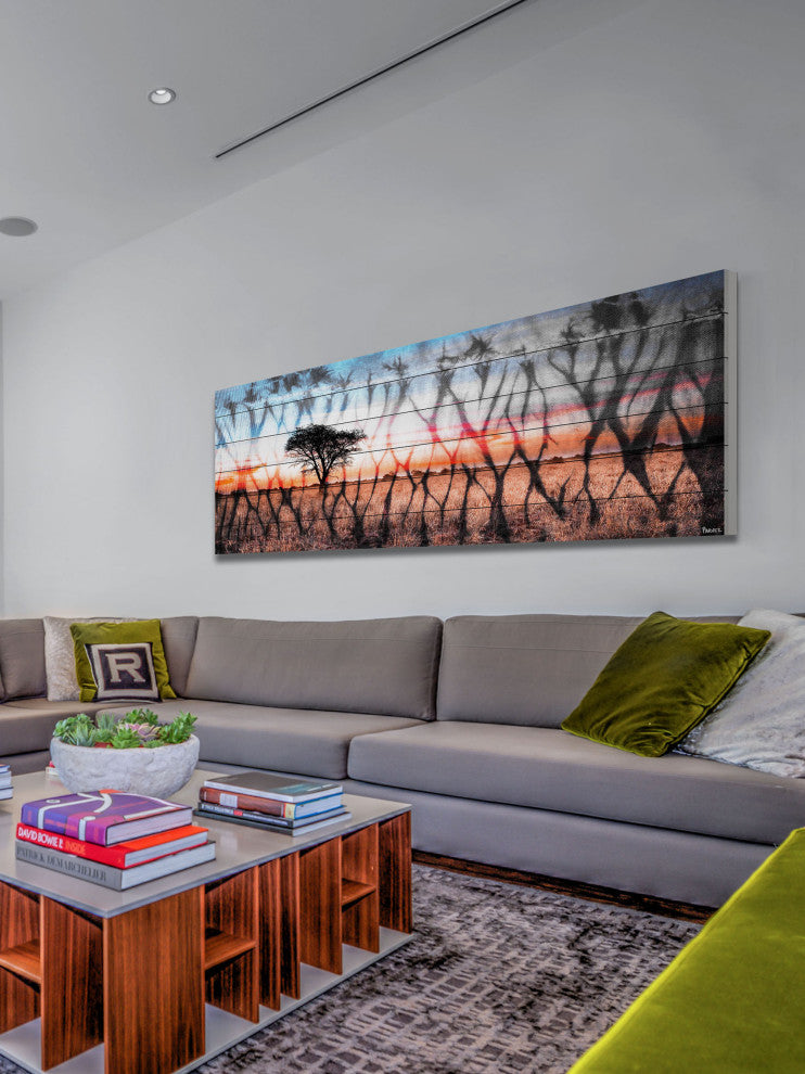 "African Landscape" Print on White Wood, 60"x20"