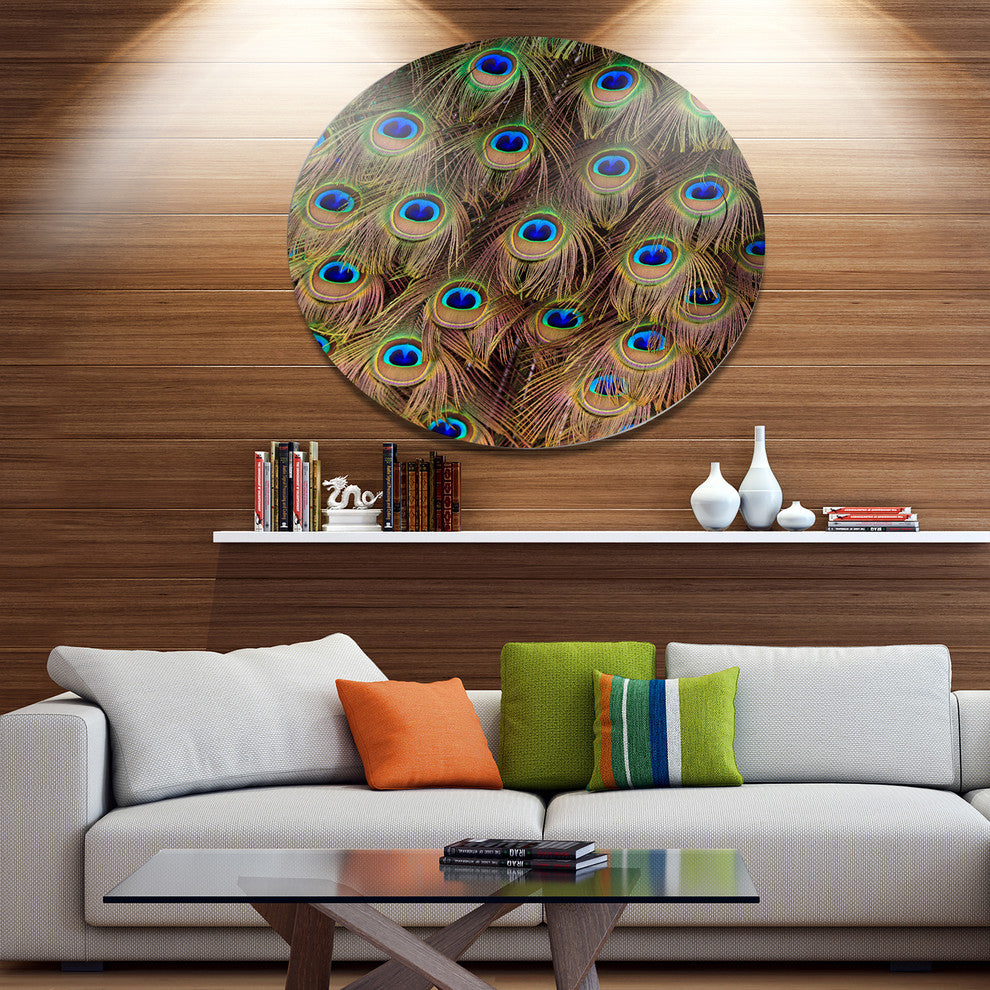 Peacock Bird Tail Feathers In Close-Up, Animal Round Metal Artwork, 36"