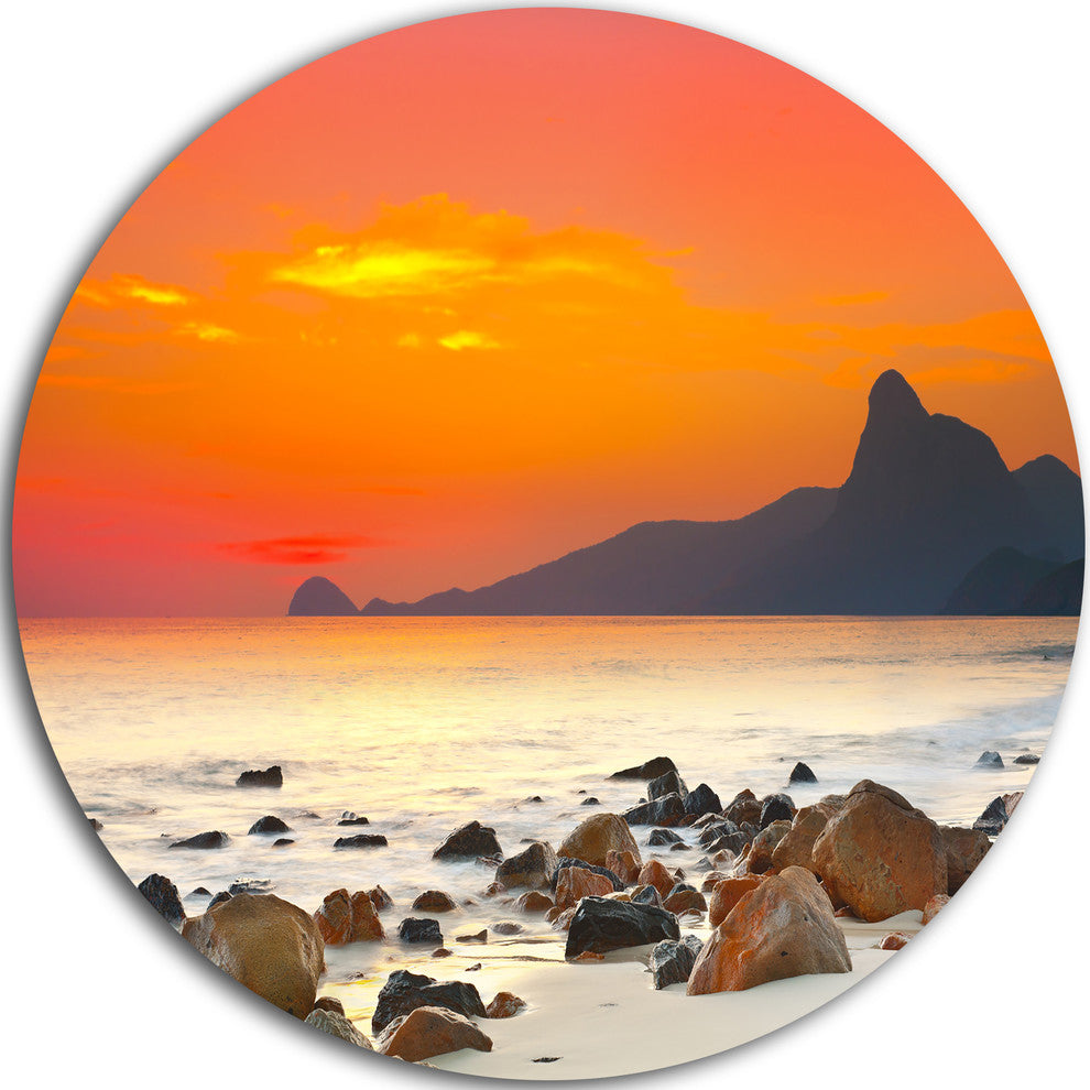 Rocky Seashore Under Colorful Sky, Seascape Disc Metal Artwork, 38"