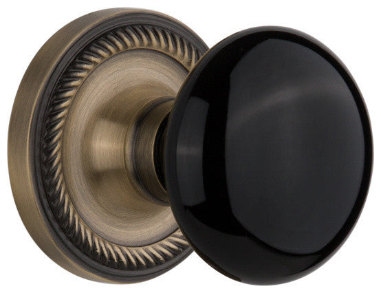 Rope Rosette Passage Black Porcelain Knob, Antique Brass