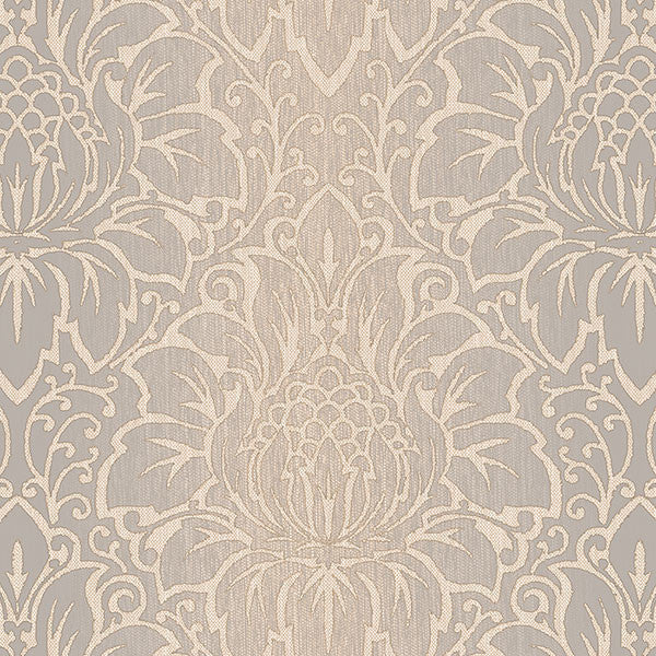 Vertical Stripe Damask Wallpaper, Beige and Gray, Sample