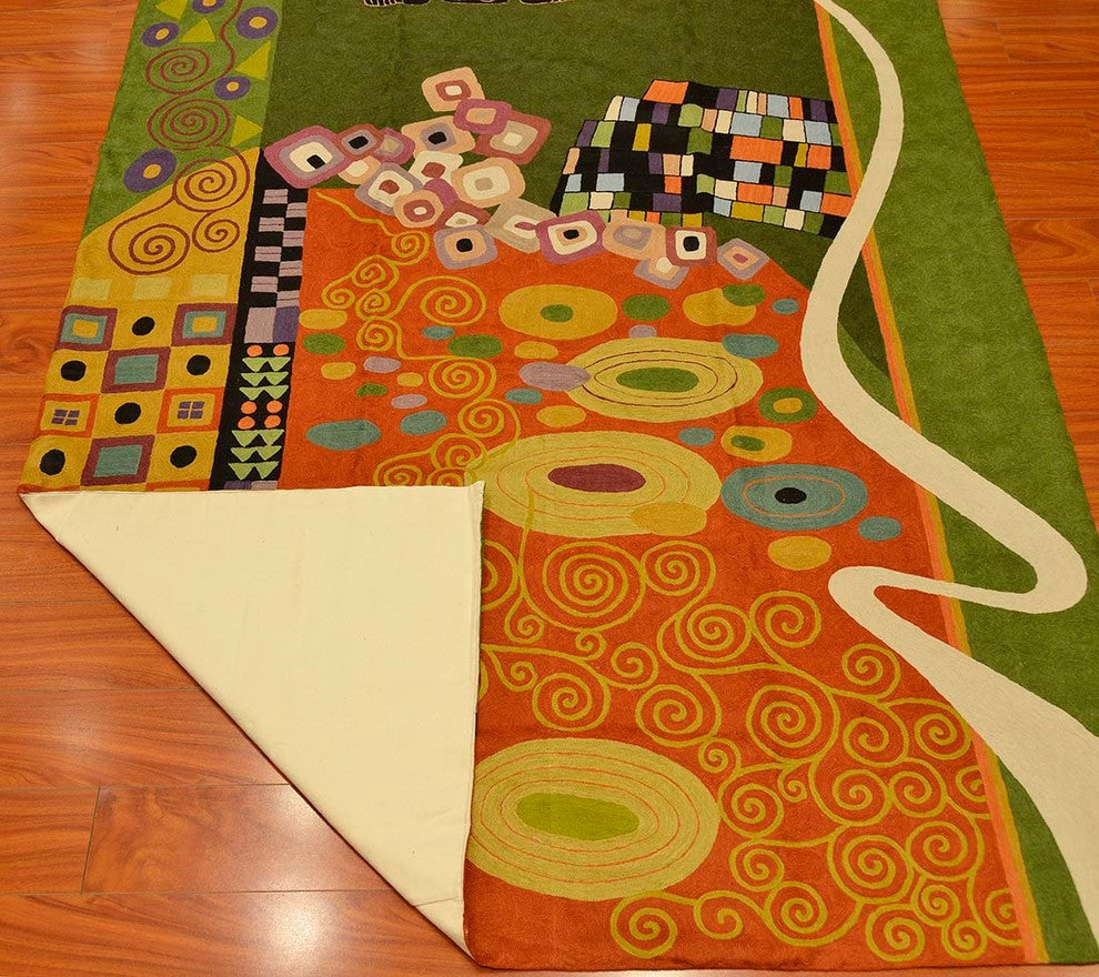Klimt 5ft x 7ft Green Art Nouveau Wool Rug / Wall Tapestry Hand Embroidered