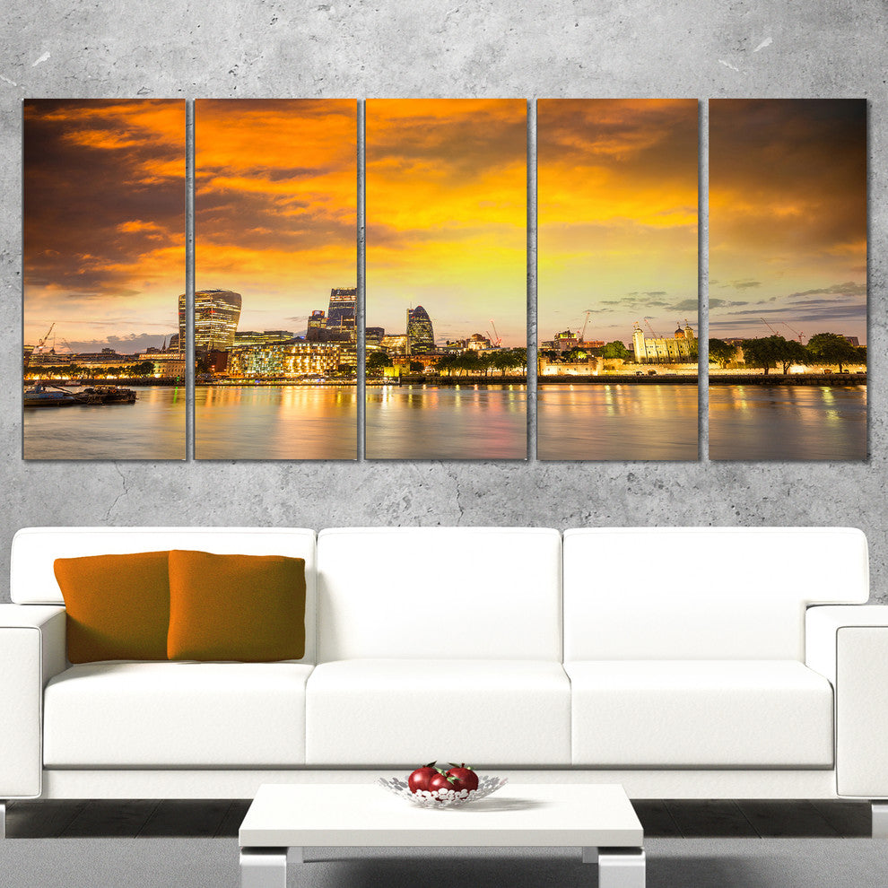 "Financial District of London at Twilight" Cityscape Wall Art, 60"x28", 5-Panels
