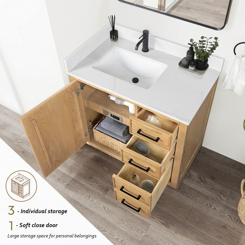 Jakarta Bath Vanity, Quartz Top No Mirror, Weathering Light Brown, 36", Single Vanity