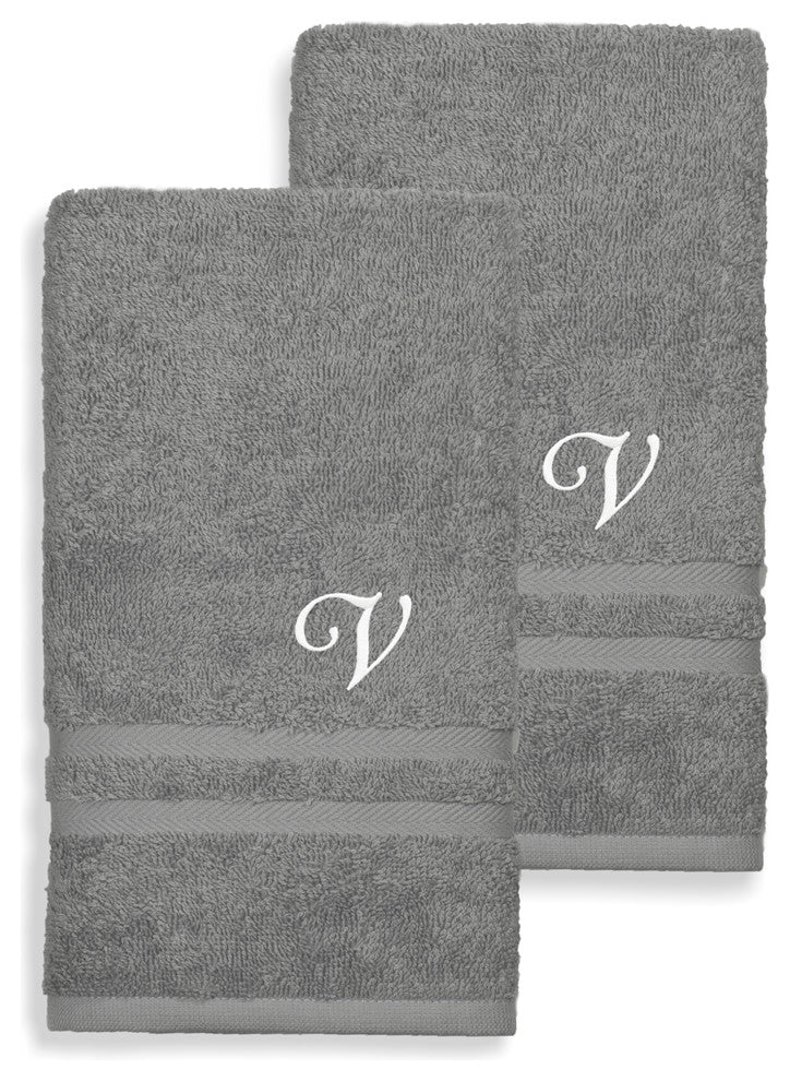 Denzi Hand Towels With Monogrammed Letter, Set of 2, V