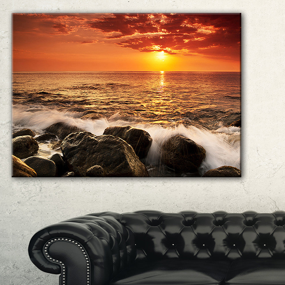 "Bright Sunset Over Rocky Shore" Modern Seashore Canvas Art, 1 Panel, 60"x28"